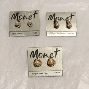 3 vintage pairs of Monet rhinestone & pearl earrings on cards 14K gold posts